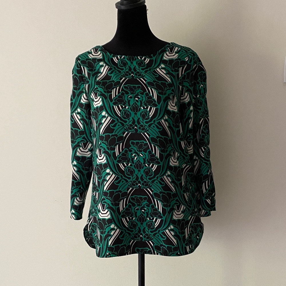 NWOT J. Crew Emerald and Black Patterned Long Sleeve Blouse